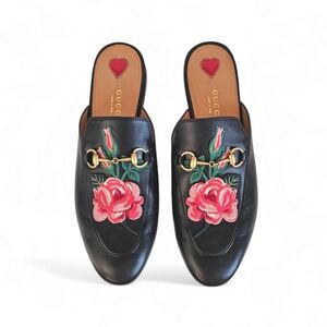Gucci Shoes Flower Embroidered Princetown Horsebit Detail Leather Loafer Mules